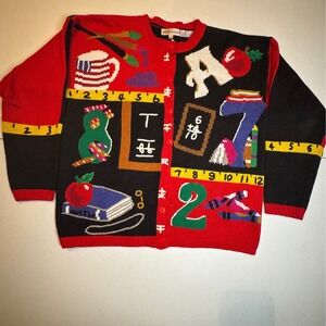 Vtg New Lauren Hansen 90s‎ Teacher School Novelty Knit Cardigan Sweater Academia